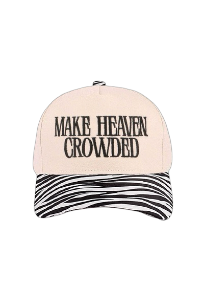 Cap with 'MAKE HEAVEN CROWDED' text and striped brim on a white background