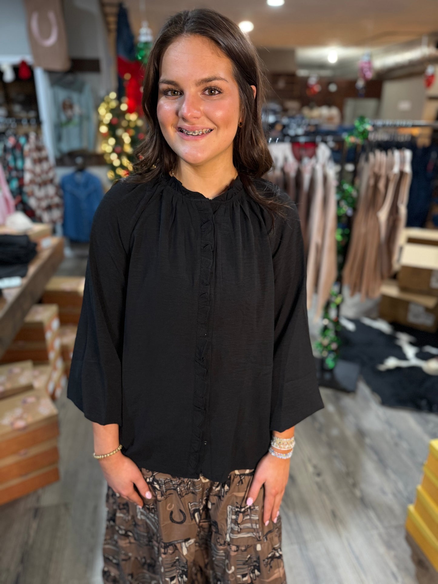 Frilled Black Button Down * FINAL SALE