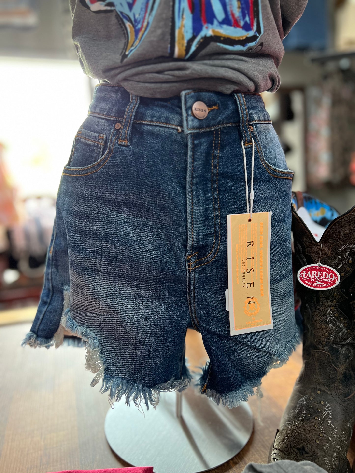 High Rise Dark Wash Risen Shorts