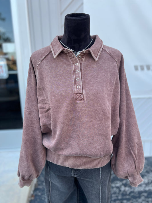 Mineral Wash Button Up Pullover *Mocha
