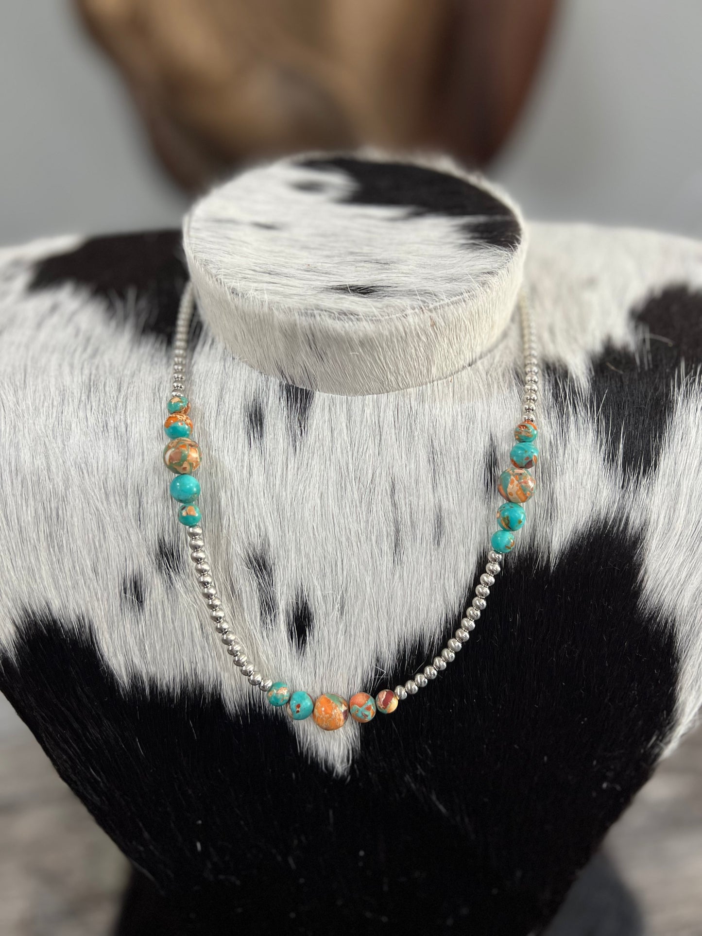 Graduated Gemstone Silver Pearl Faux Necklace