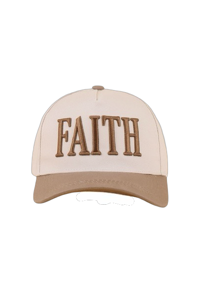 Beige and brown cap with 'FAITH' text on a white background