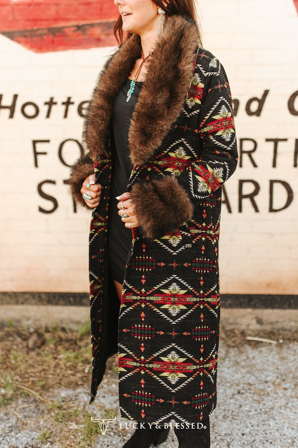 Black Aztec Fur Collar Long Coat Removable Fur