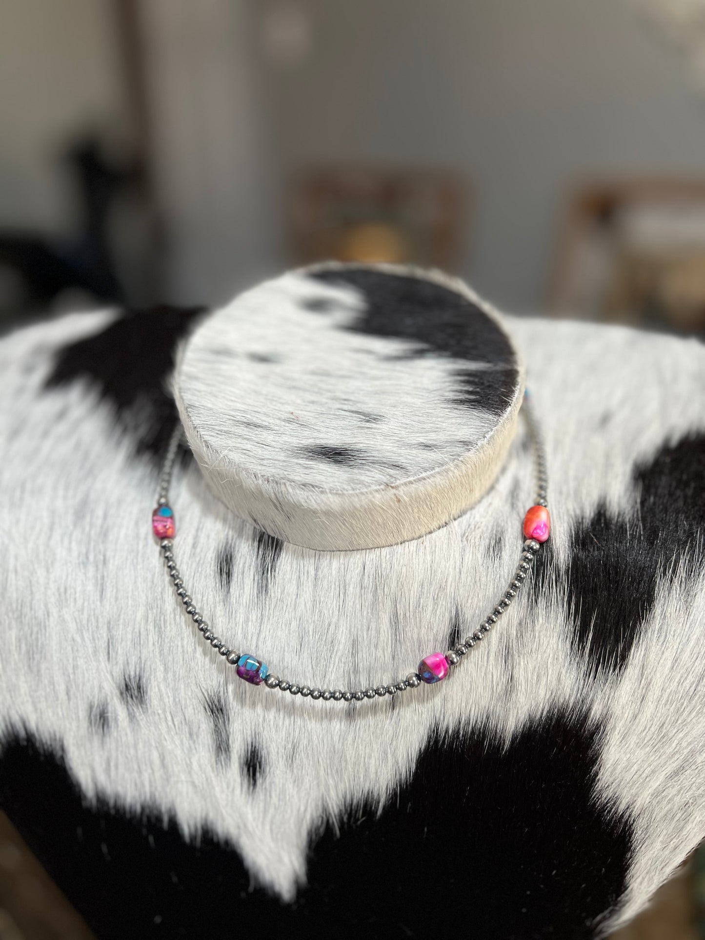 Sterling Silver Pink Dye Turquoise Choker Necklace