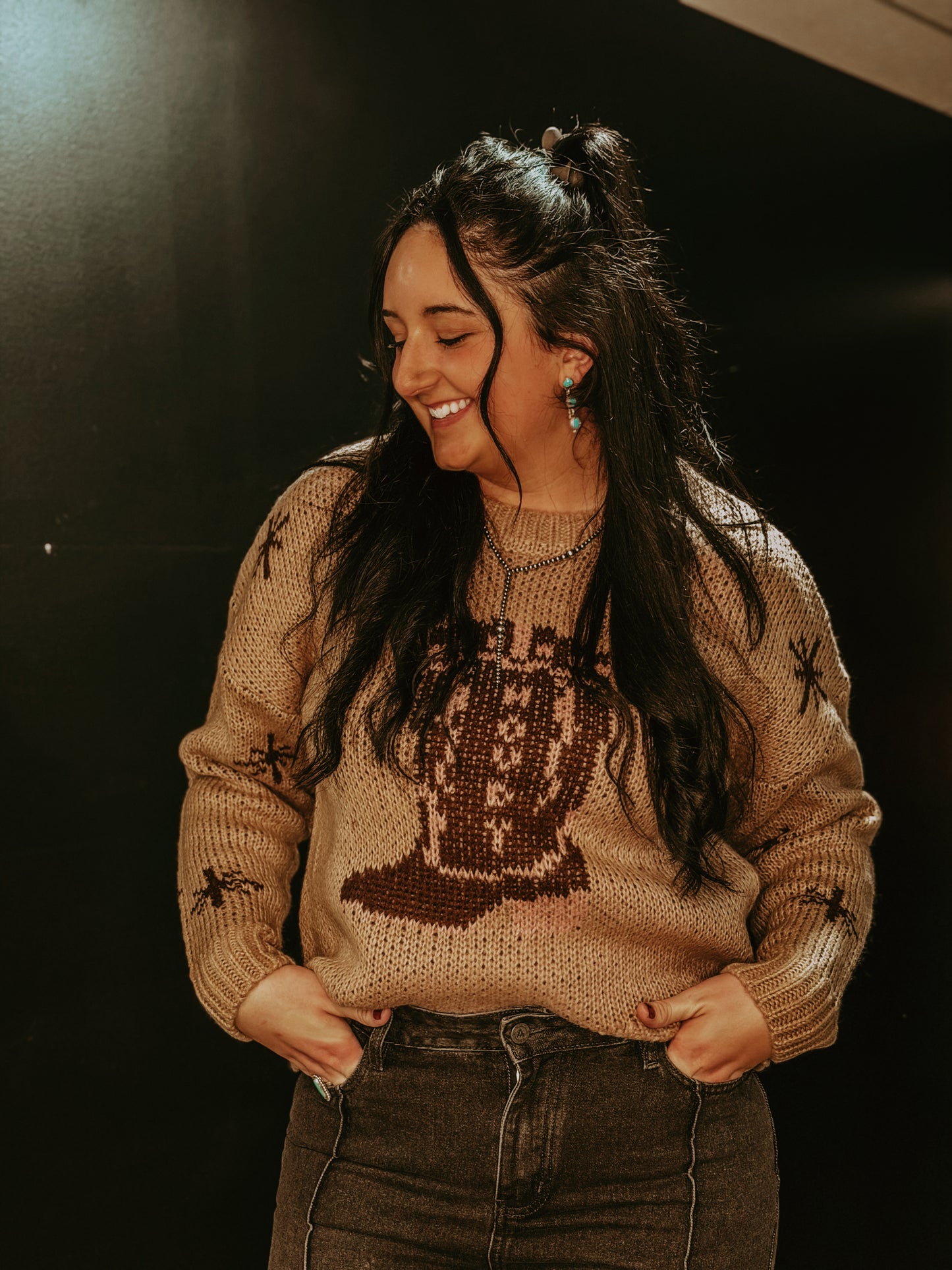 Cowboy Boots Graphic Print Knit Sweater