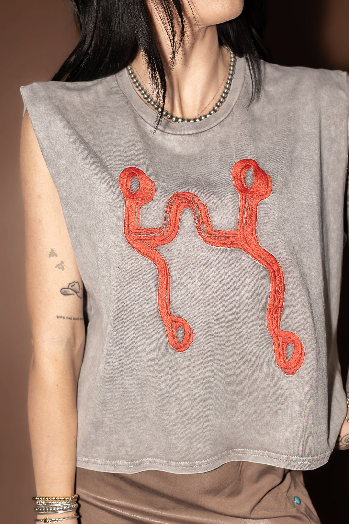 Rojo Red Bit Embroidered Muscle Tank