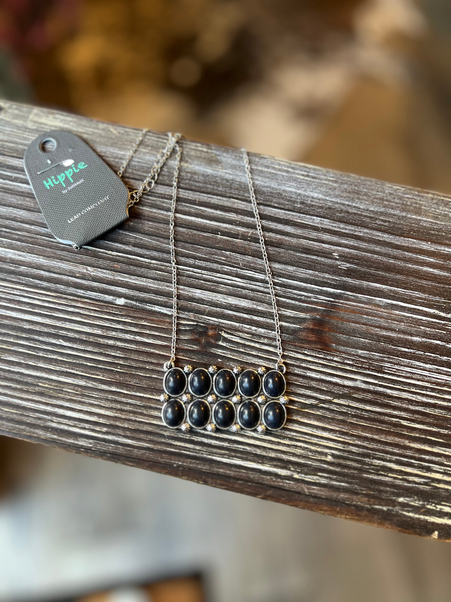 Black Onyx Cluster Bar Necklace Faux