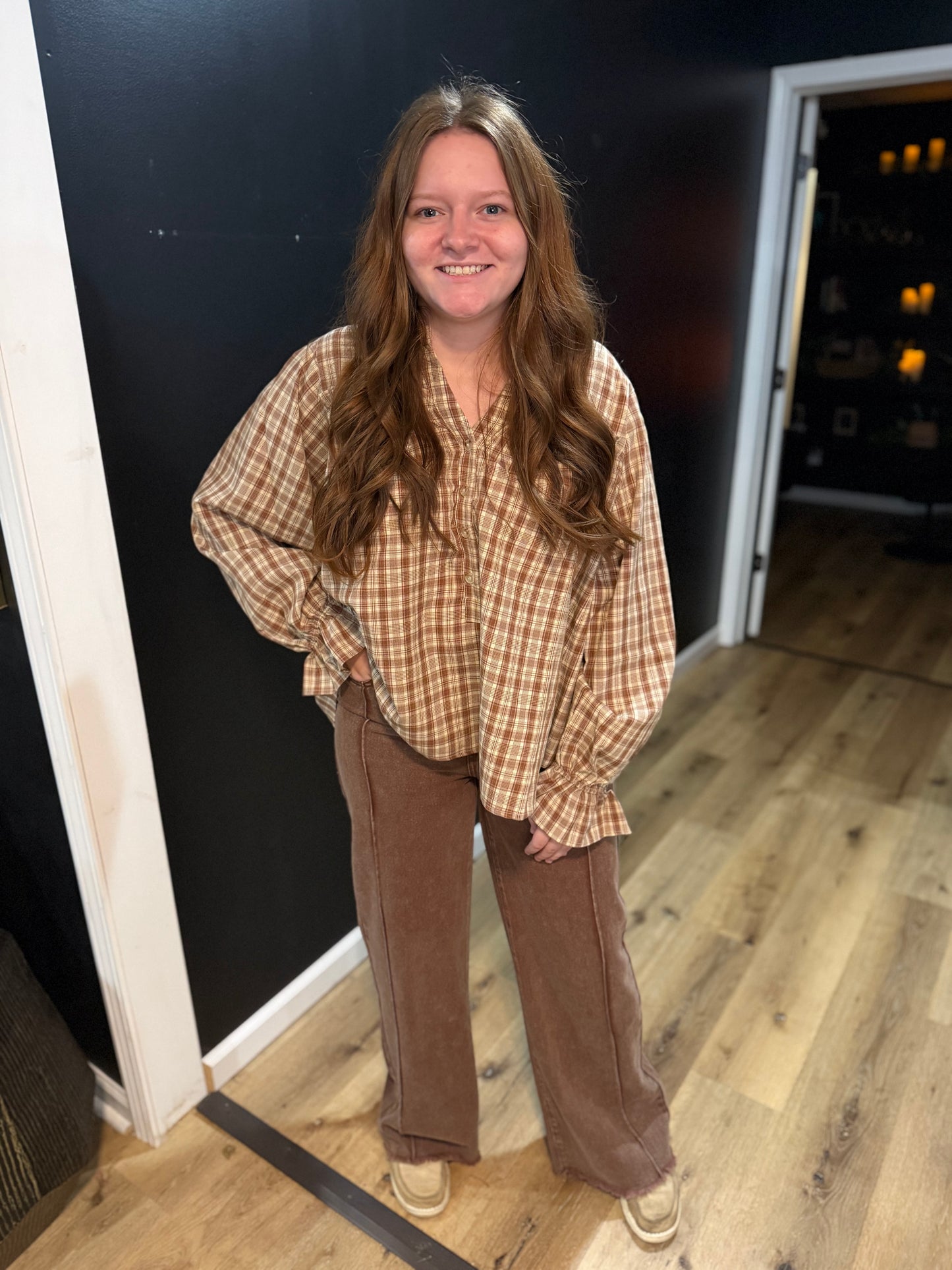 Oatmeal Plaid Woven Top