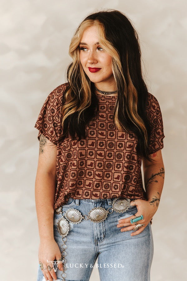 Brown Checkered Short Sleeve Top
