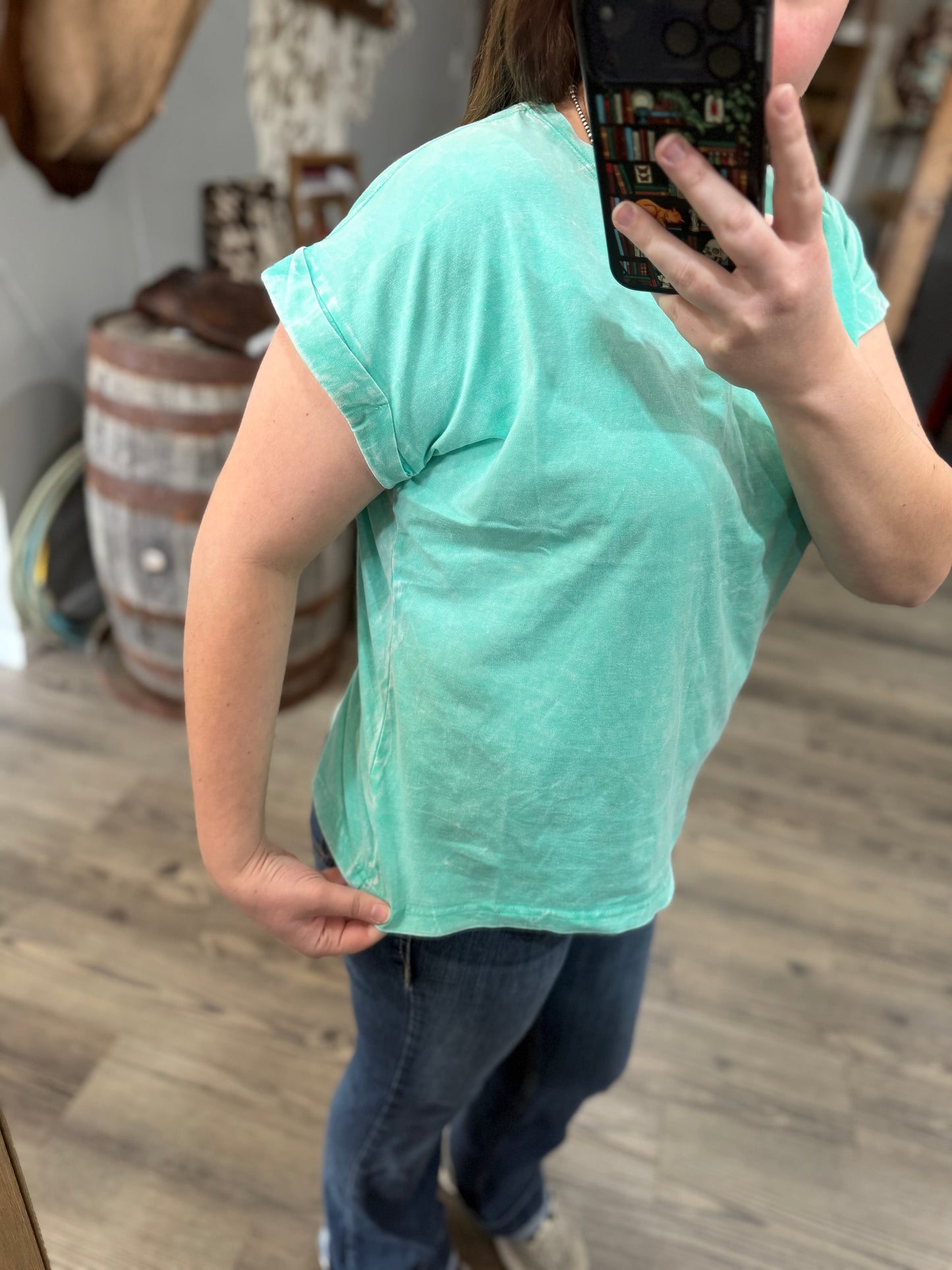 Mint Mineral Wash Top Rolled Sleeves