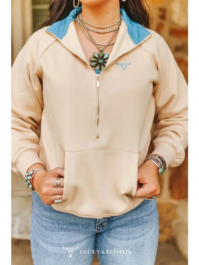 Sand & Turquoise Quarter Zip Sweatshirt