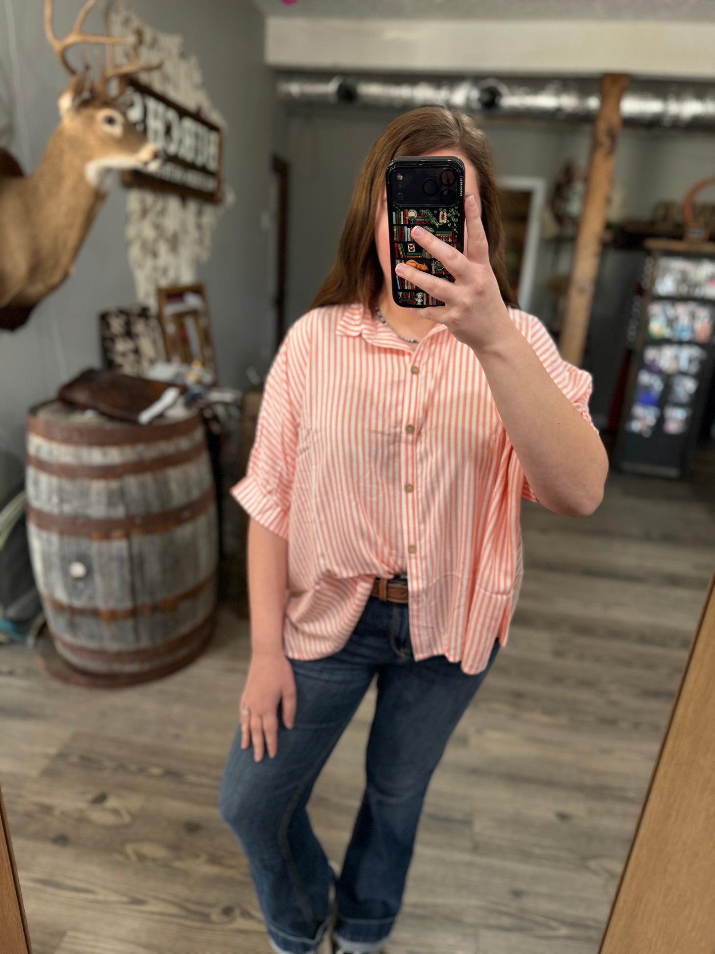 Coral Stripe Short Sleeve Oversized Top