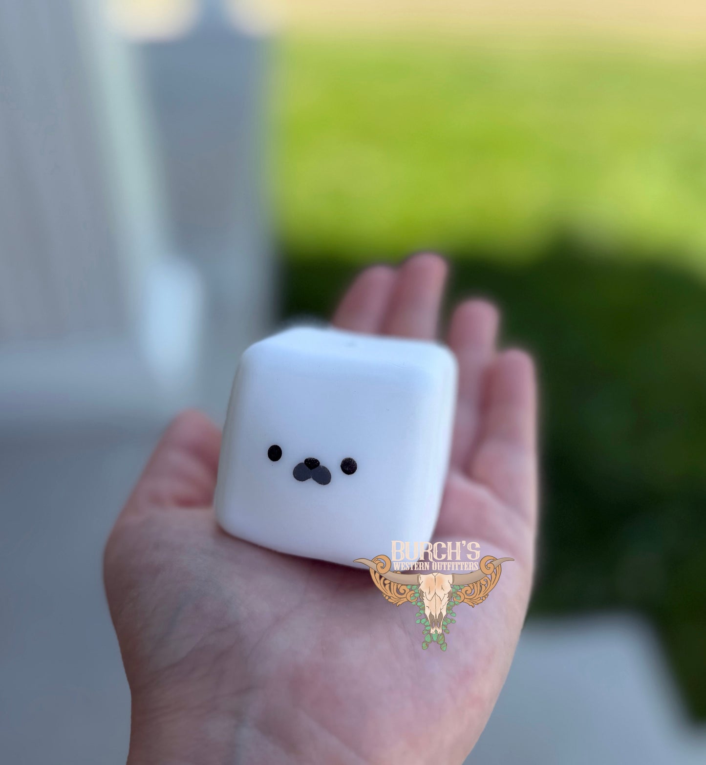 White square object with a face held in a hand against a blurred outdoor background