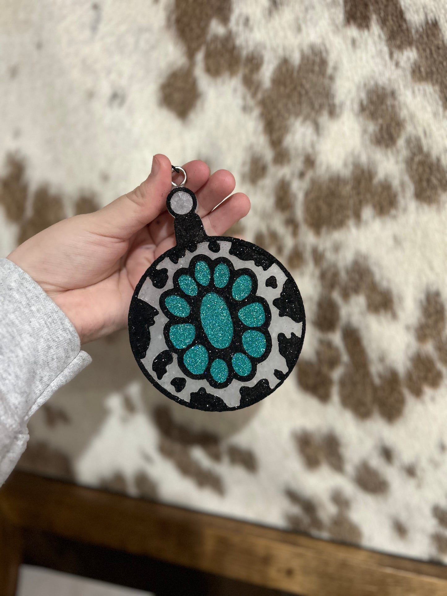 Cow Print and Turquoise Ornament Freshie- Burbon and Butterscotch