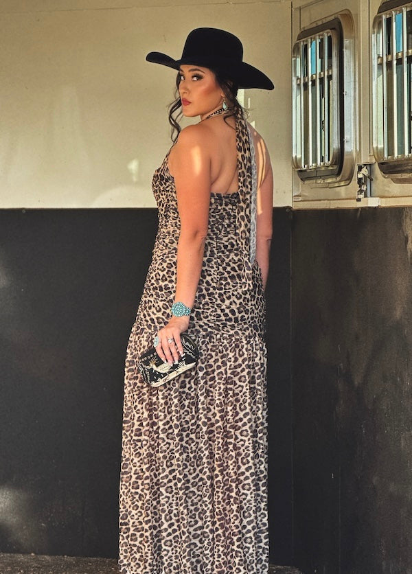 Leopard Mesh Lined Halter Dress