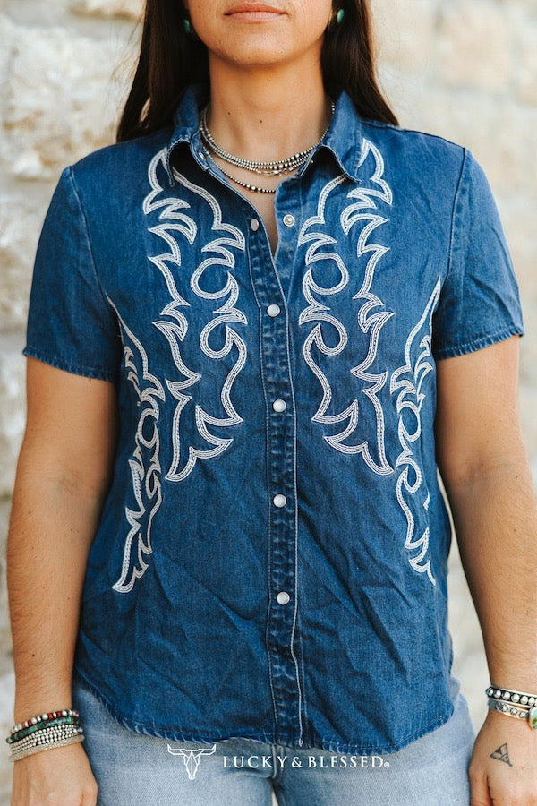 Boot Stitch Embroidery Pearl Snap Top