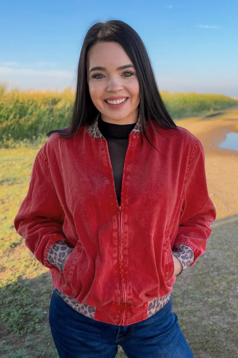 Red Dirt Road Leopard Bomber Jacket