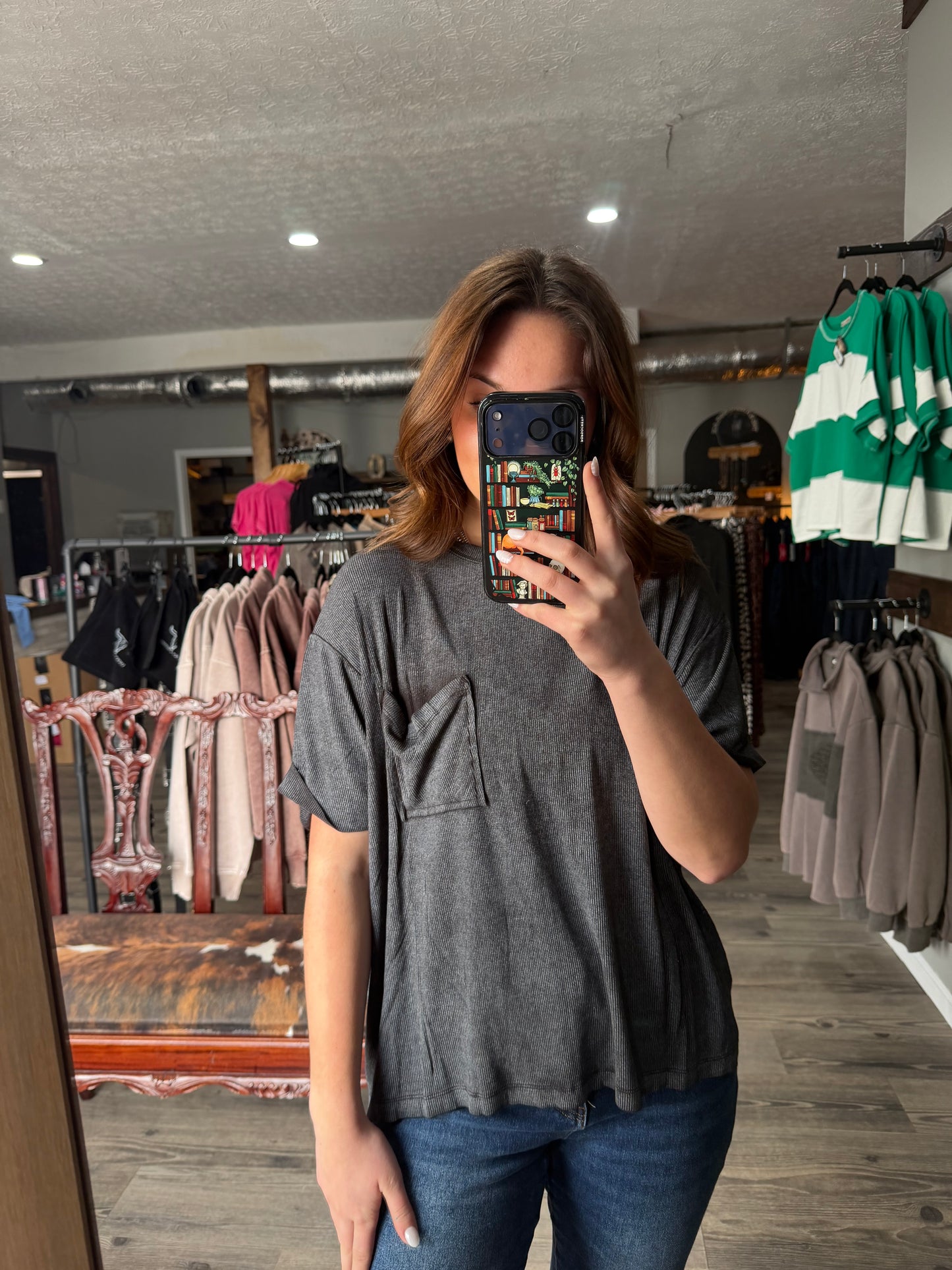 Smoke Mineral Wash Pocket Top Ribbed