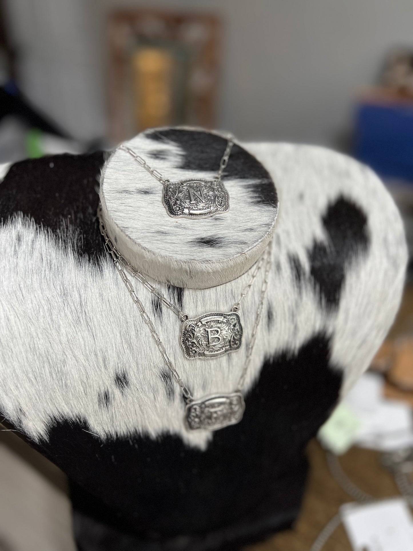 Faux Silver Initial Buckle Necklace