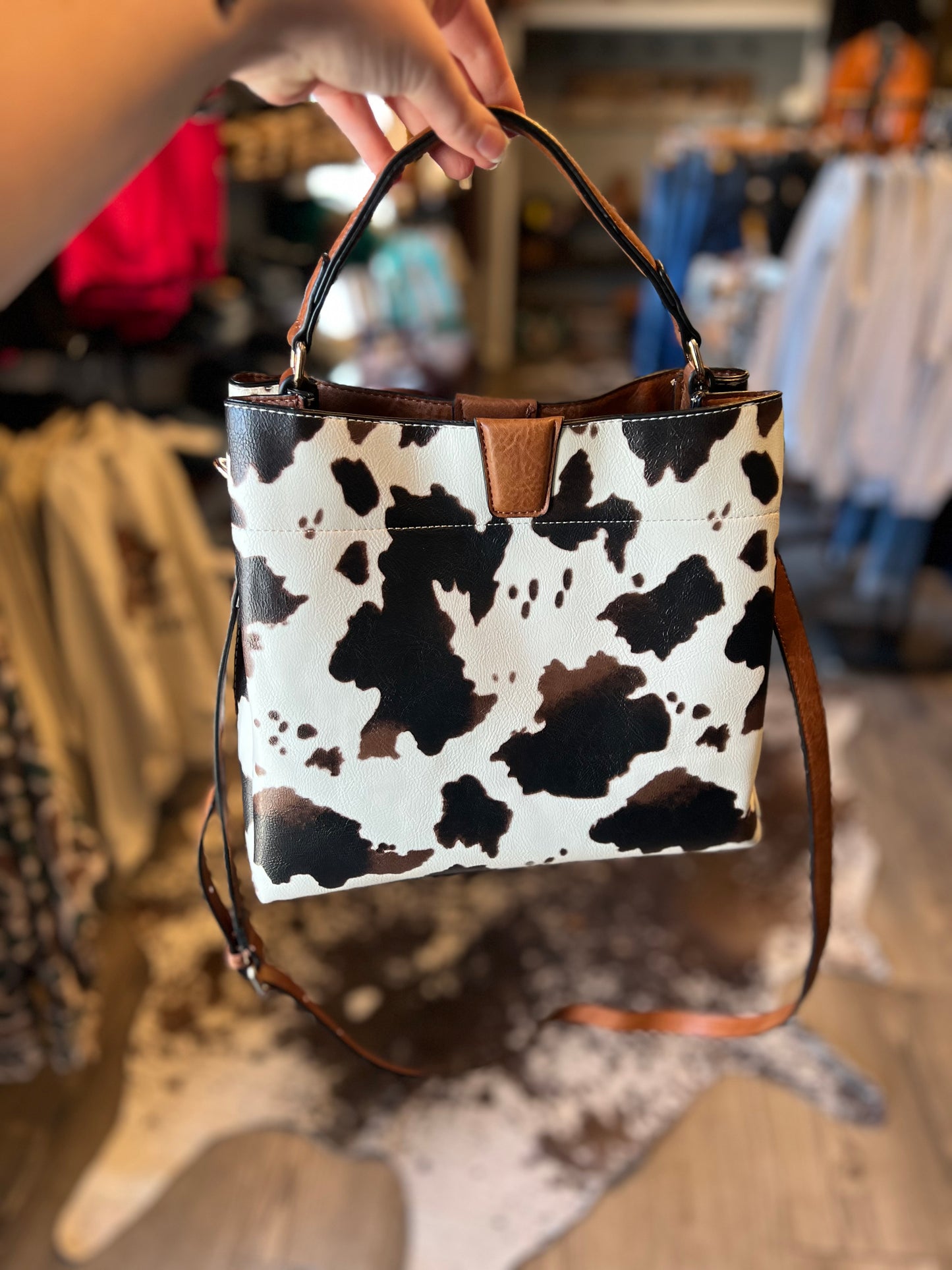 The Eleanor Cow Print Crossbody Tote