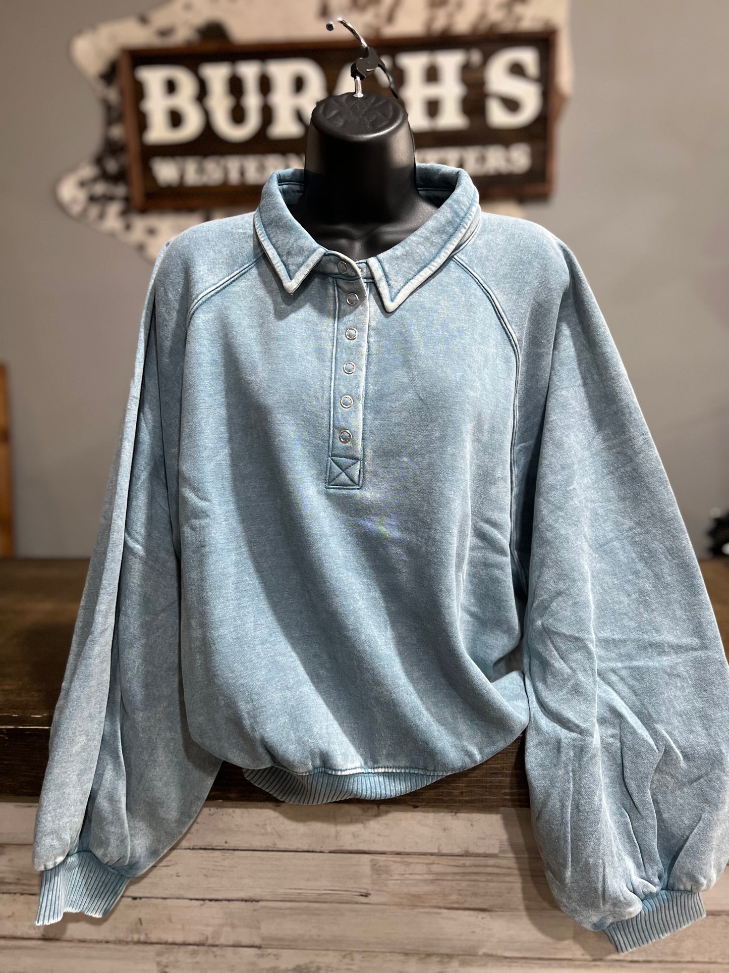 Mineral Wash Button Up Pullover *BlueGray