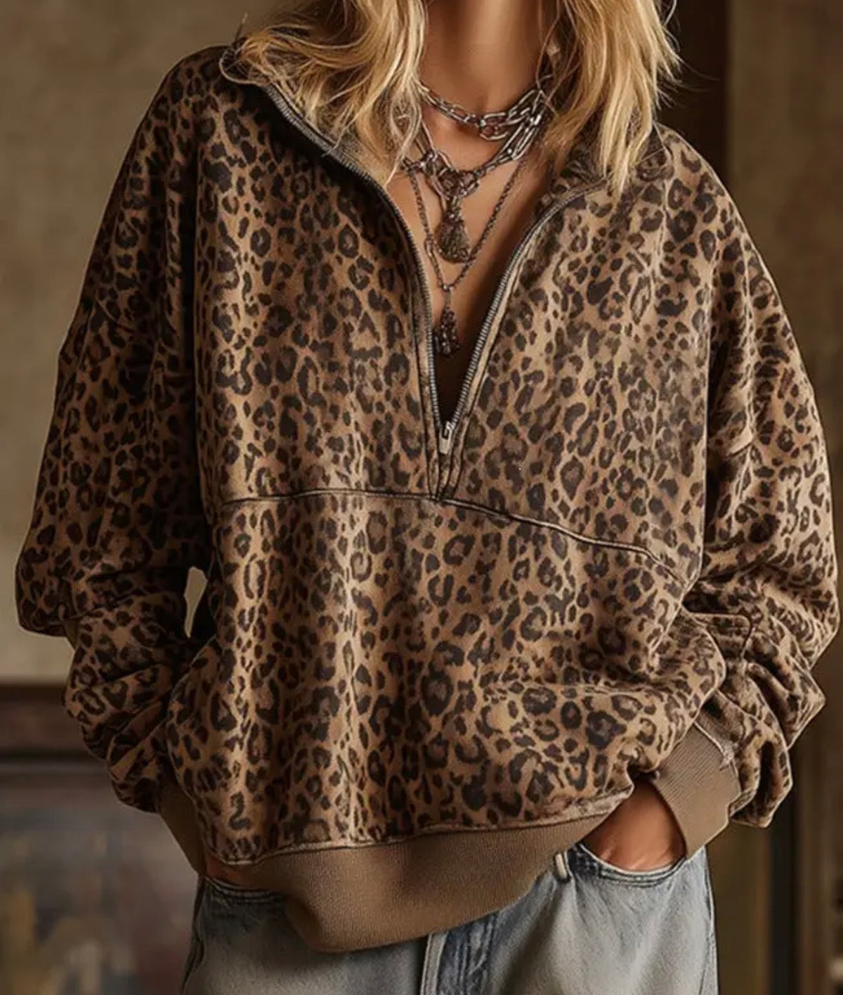 Leopard Print Half Zip Pullover