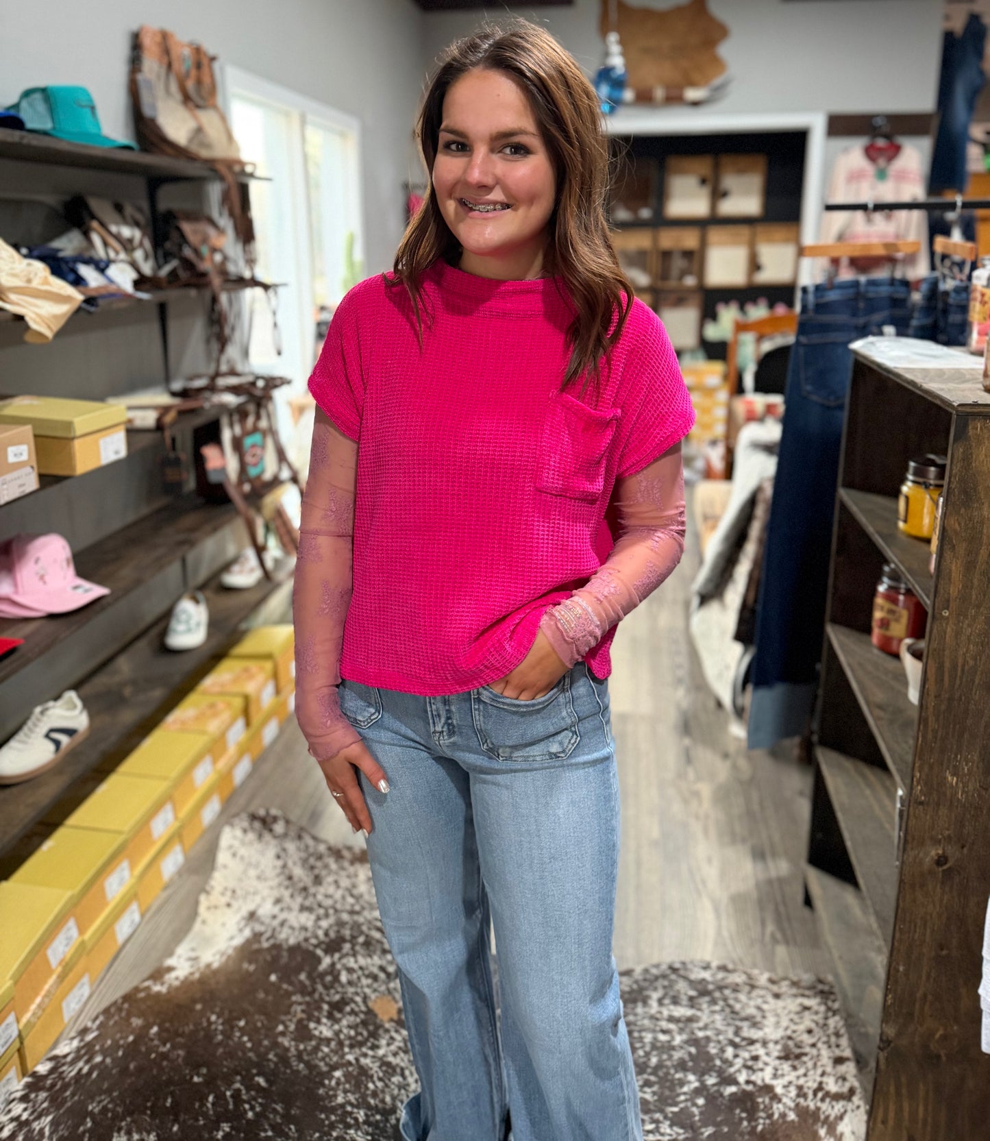 Hot Pink Waffle Short Sleeve Sweater