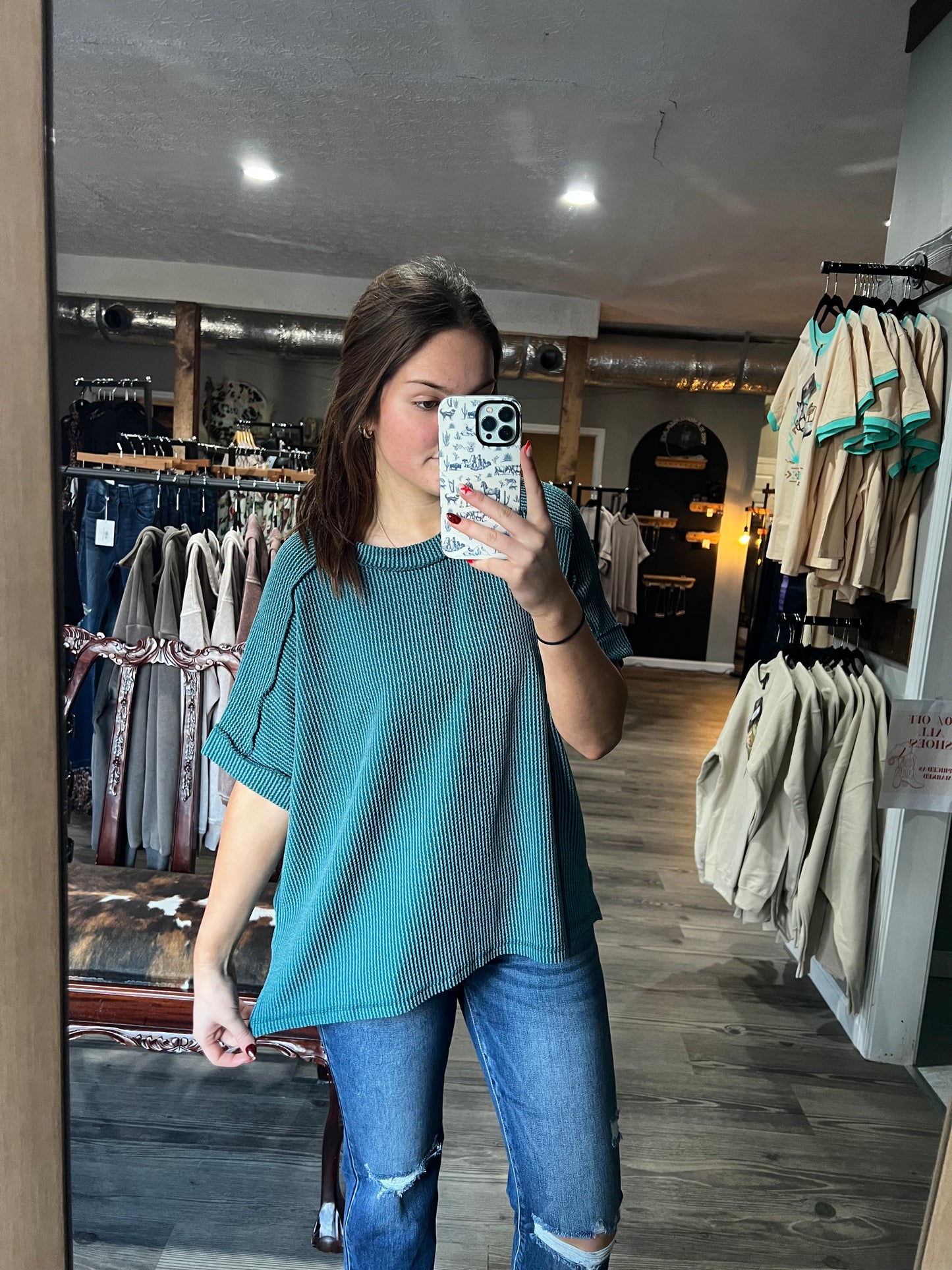 Teal Ribbed Flowy Top