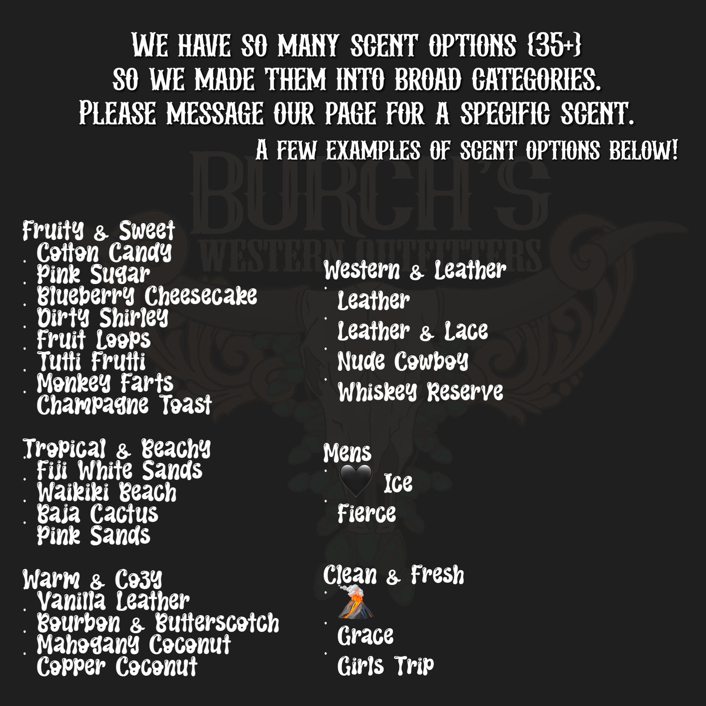 List of scent options on a black background with text.