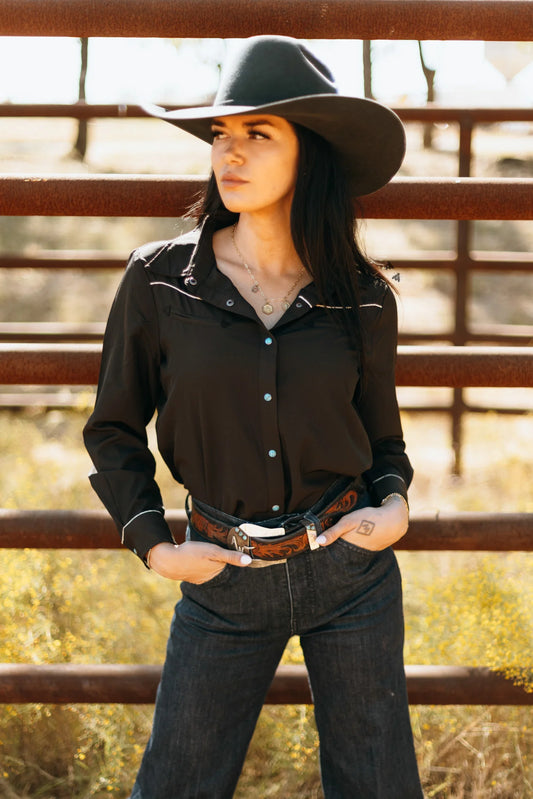 Black Turquoise Pearl Snap Top