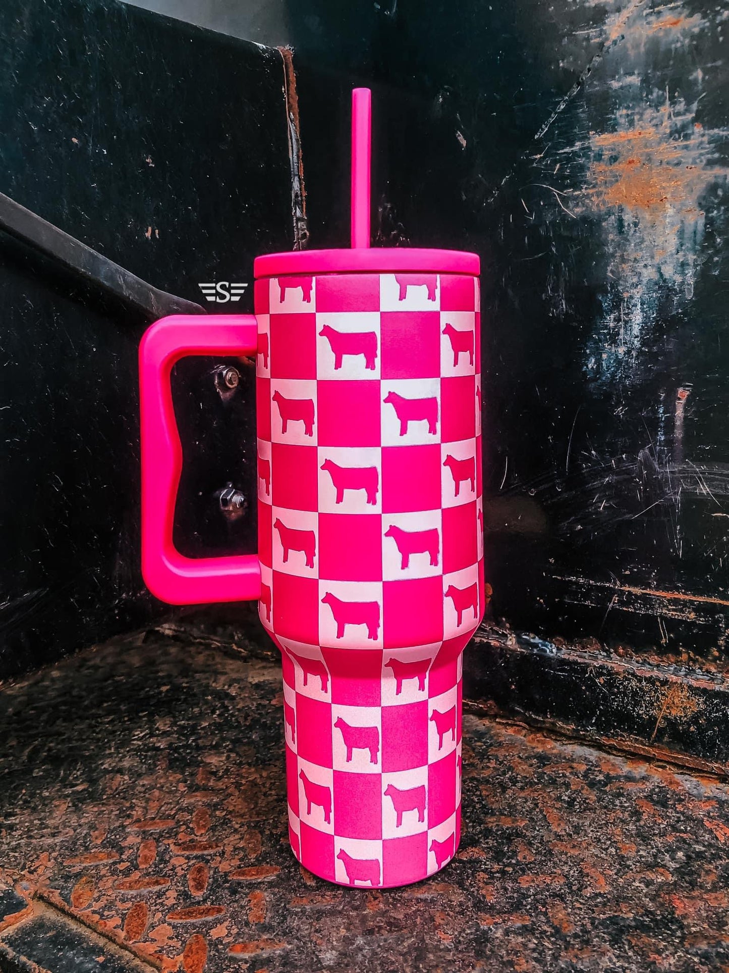 Pink Checkered Stock Steer Tumbler