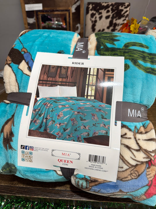 Turquoise White Horse Queen Blanket