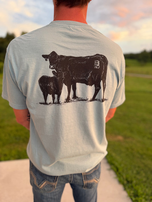A man viewed from behind wearing a light blue-gray t-shirt with a large black graphic of a cow and calf on the back, standing outdoors on a path with grass and a sunset sky in the background.