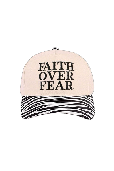 Beige cap with 'Faith Over Fear' text and black and white striped brim on a white background