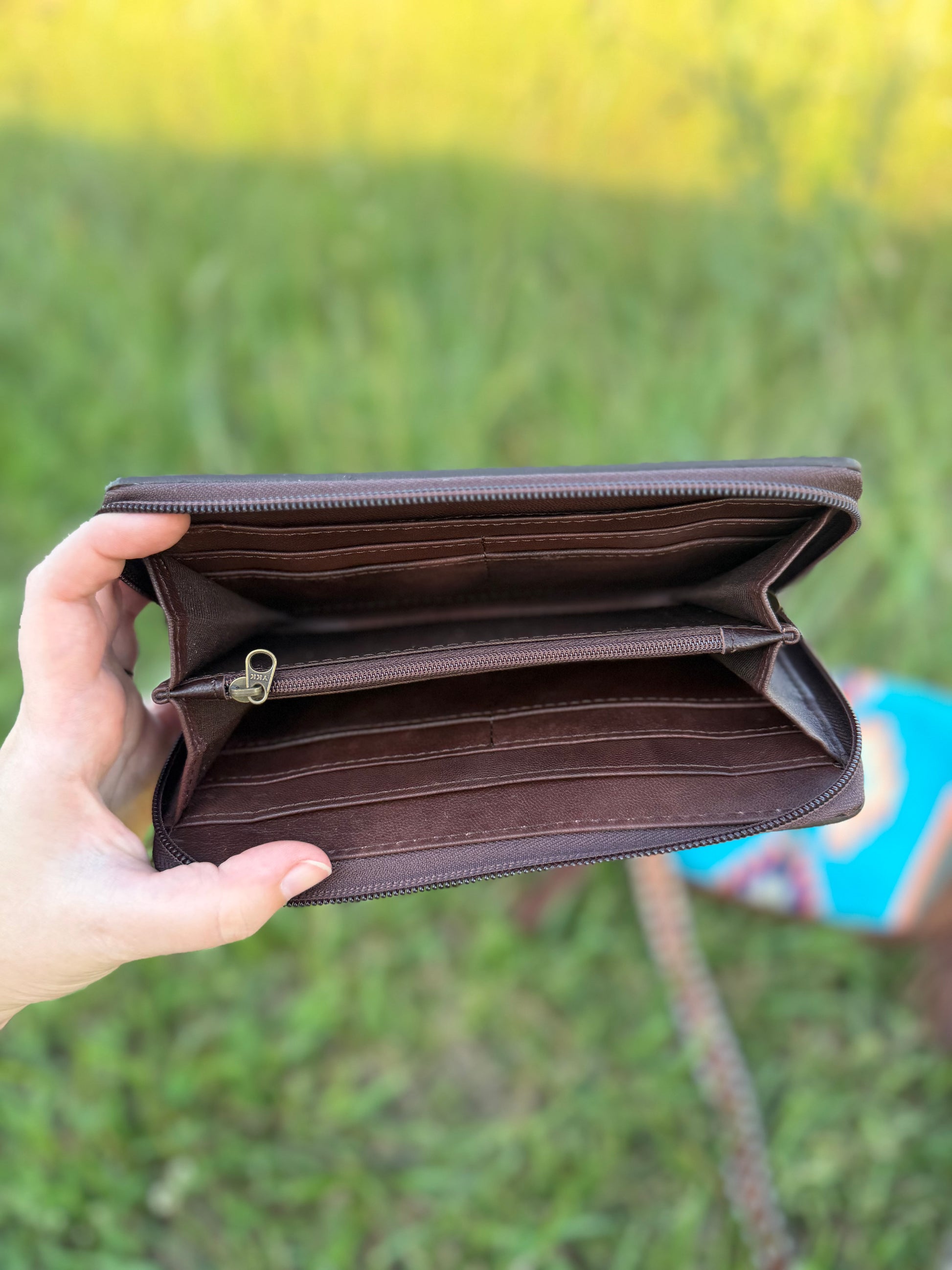 Brown wallet held open by a hand with a blurred grassy background