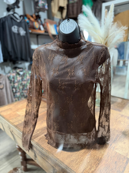 Brown Lace Mesh Layering Top