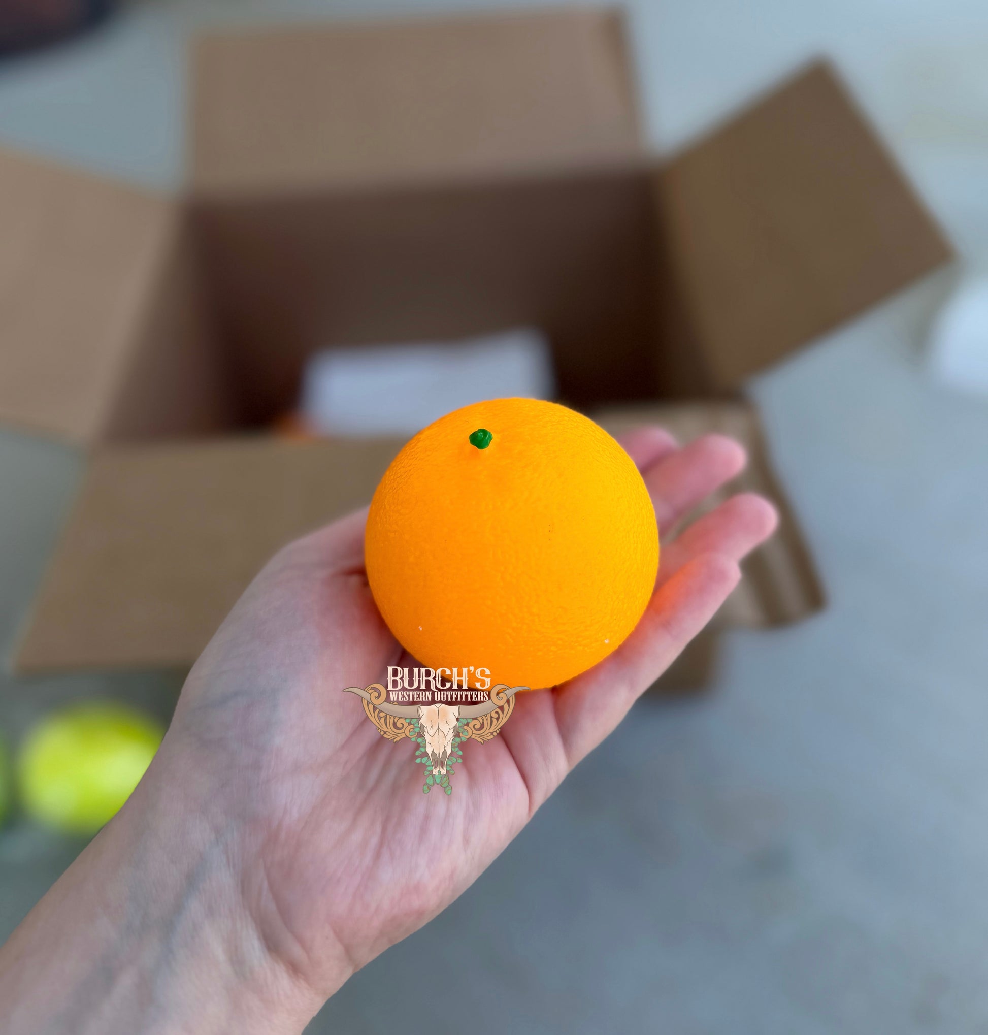 Orange ball held in a hand with a blurred background