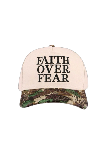 Cap with 'Faith Over Fear' text on a white background