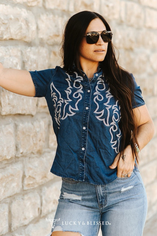 Boot Stitch Embroidery Pearl Snap Top