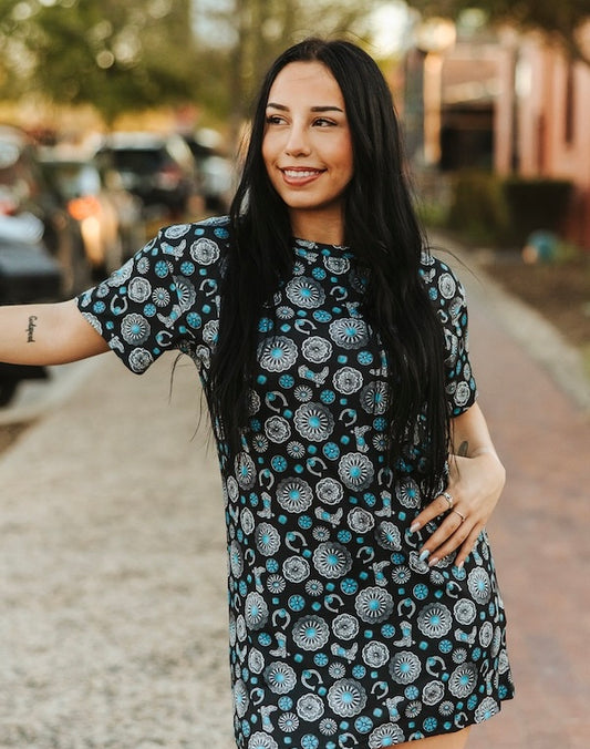 Turquoise Concho Round Neck Dress