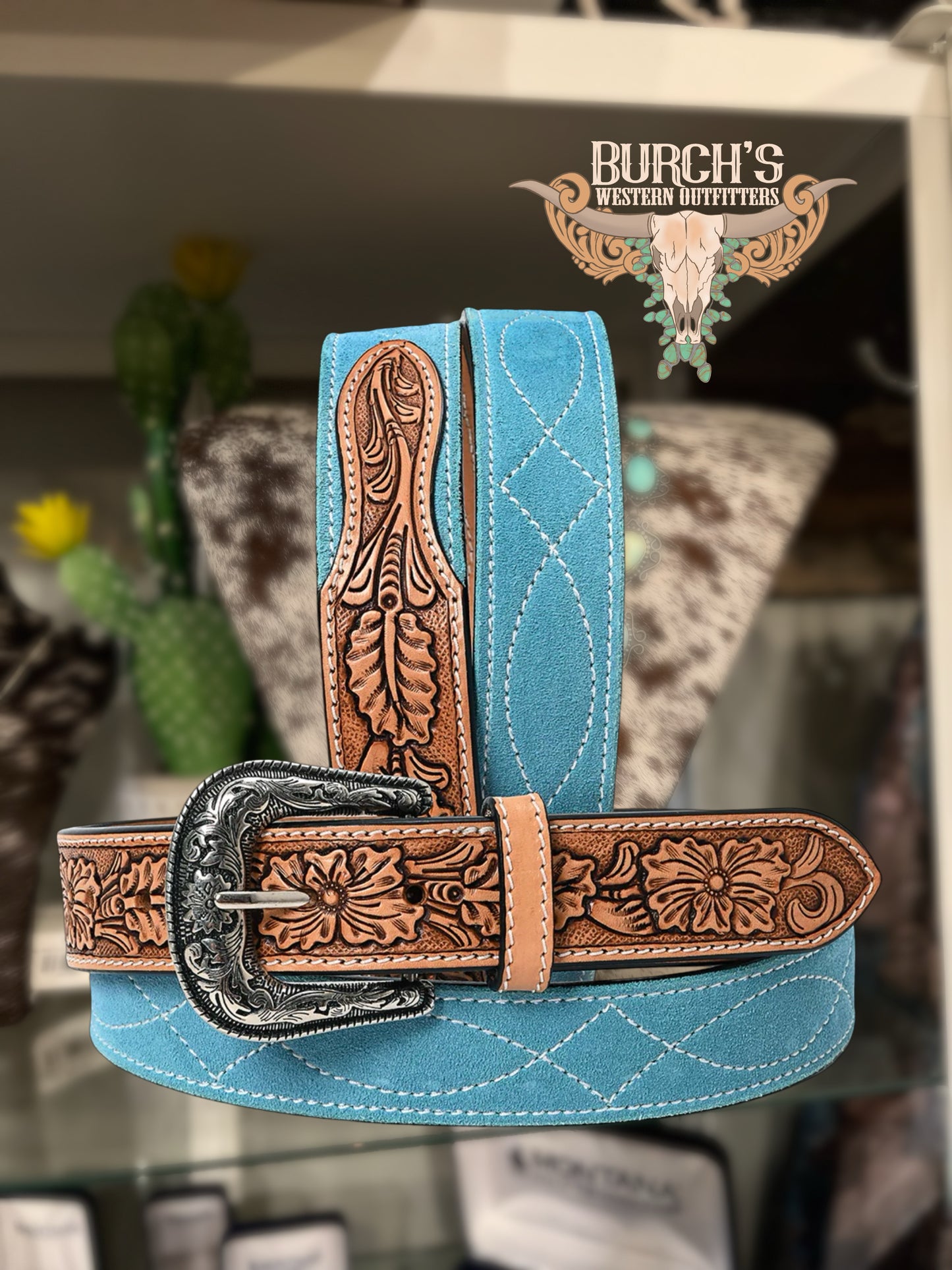 Buckin’ Shoots Suede Turquoise Tooled Belt