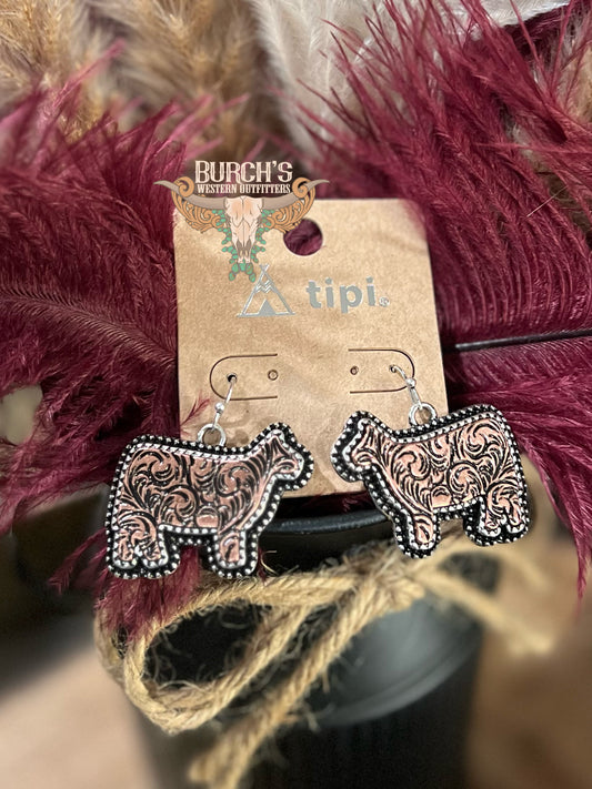 Tooled Bronze Cow Faux Dangles