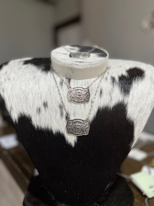 Faux Silver Initial Buckle Necklace