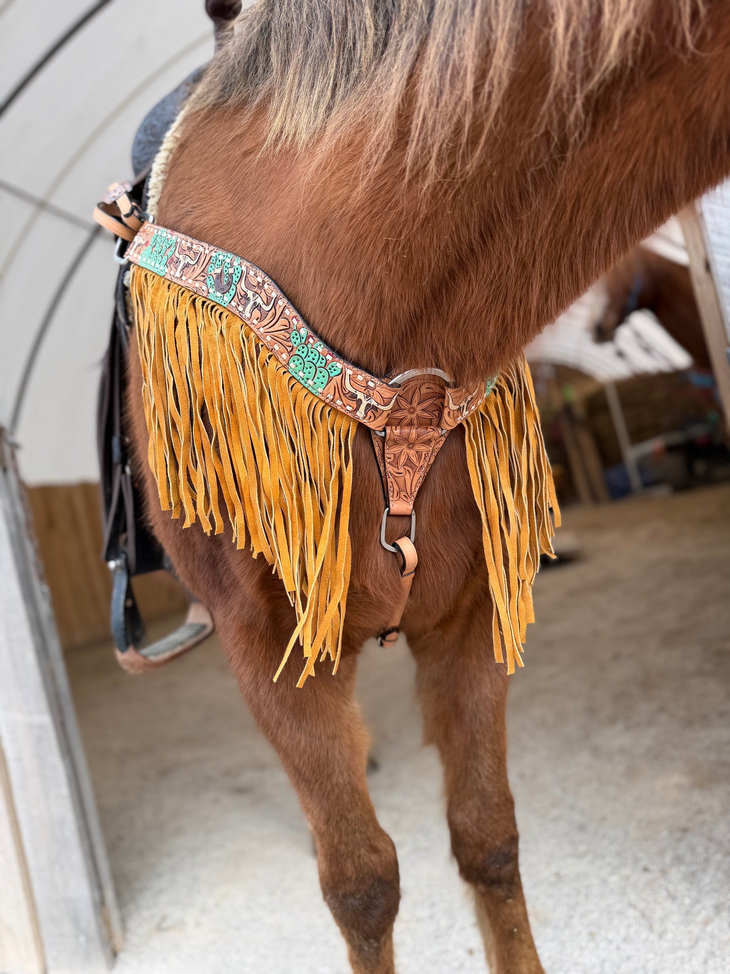 Fringe Steer Tooled Breast Collar