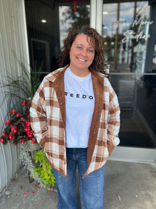 Camel Corduroy Reversible Plaid Shacket