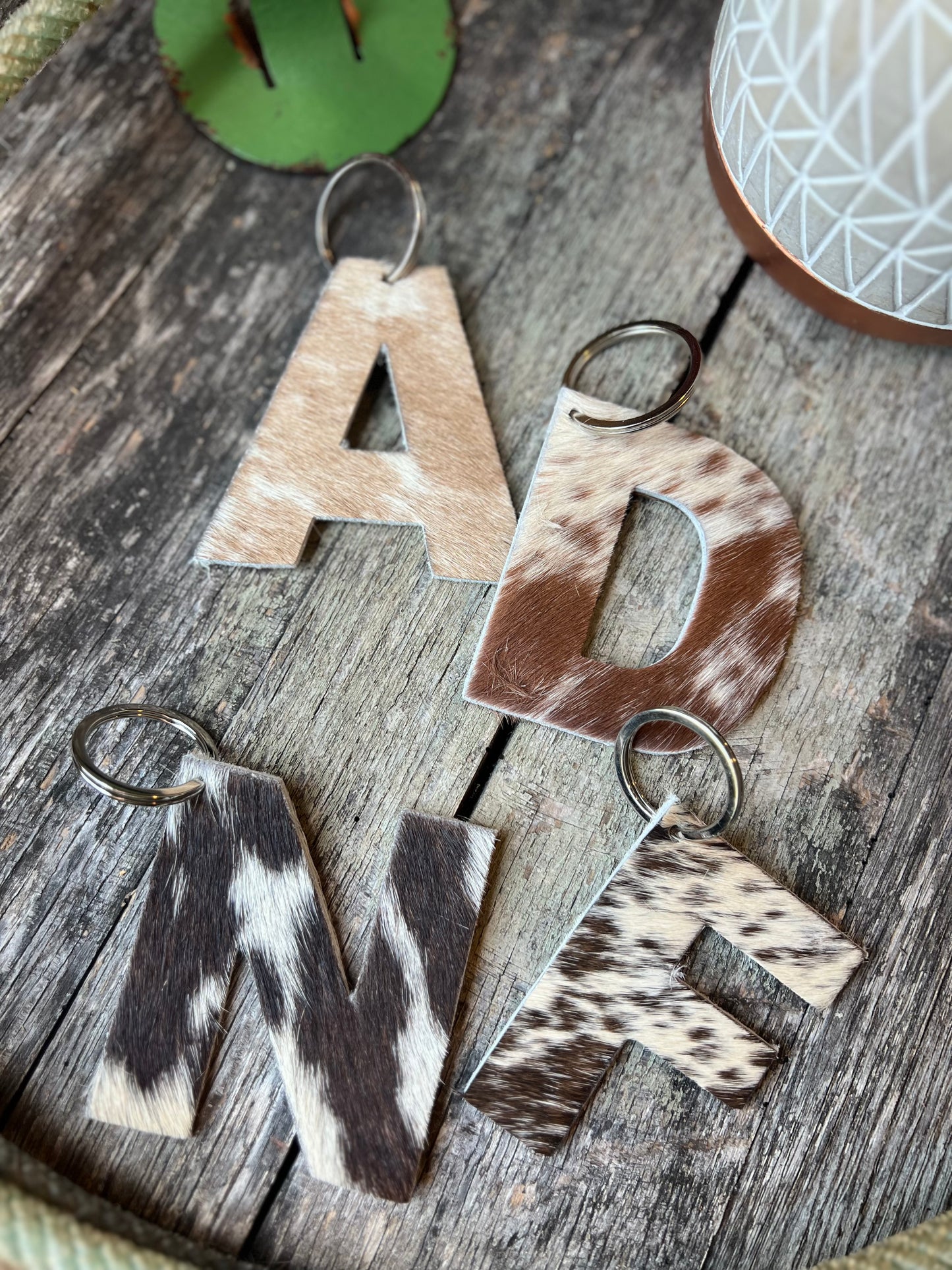 Cowhide Initial Keychain