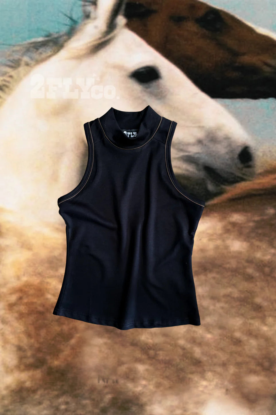 Black sleeveless top on a horse with a blurred background