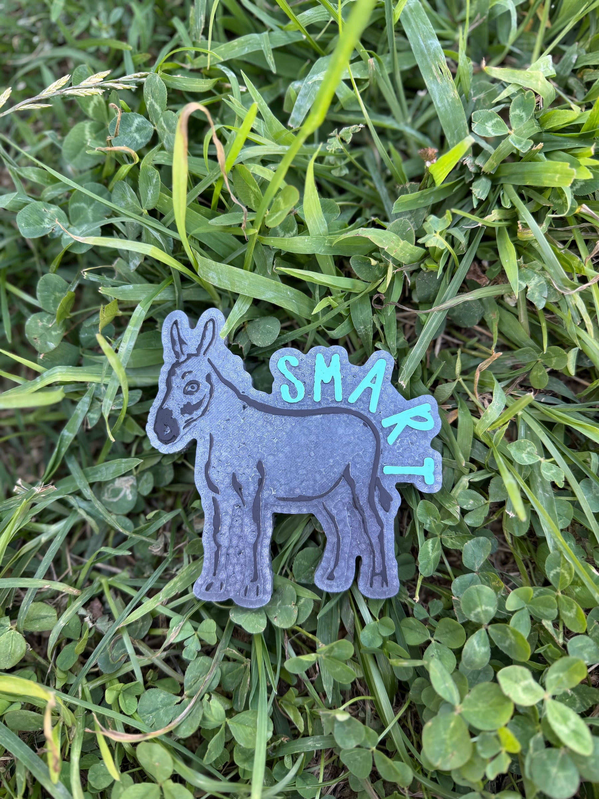 Gray donkey-shaped freshie with 'SMART' text on grass