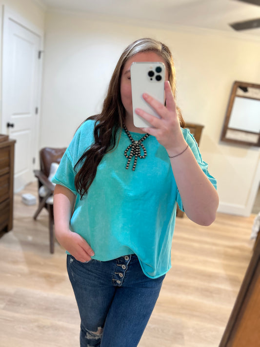 French Terry Mineral Wash Turquoise Top