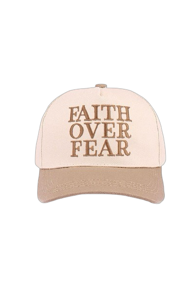 Cap with 'Faith Over Fear' text on a beige and brown background